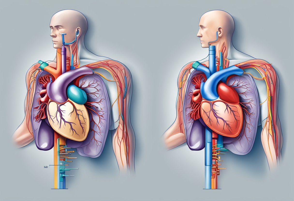 Blood enters right atrium, flows to right ventricle, then to lungs for oxygenation. Oxygenated blood returns to left atrium, then to left ventricle, and is pumped out to the body