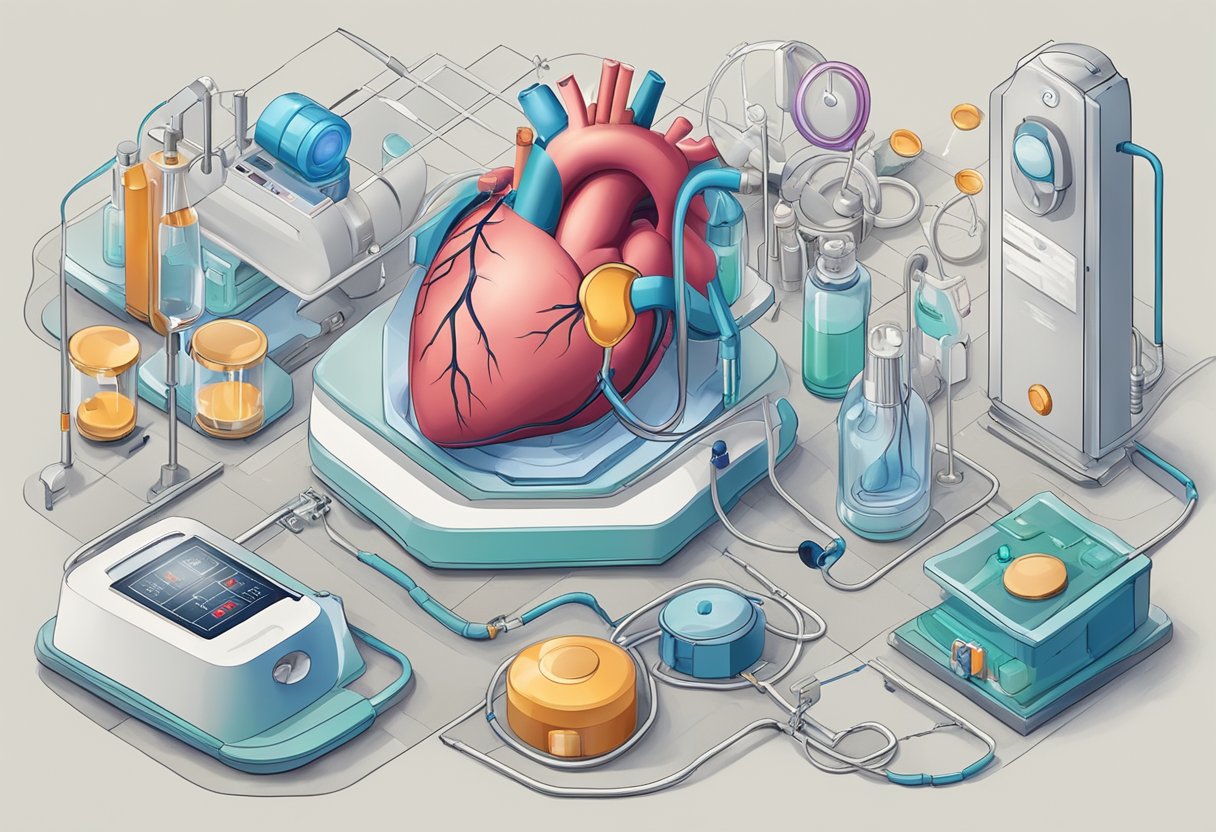 A heart pulsates rapidly, surrounded by medical equipment and treatment options