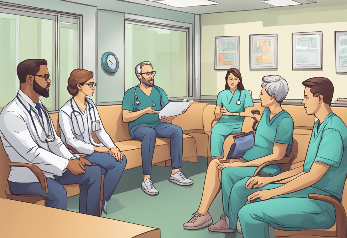 A doctor explaining PPM meaning in cardiology to a group of interested patients in a hospital waiting room