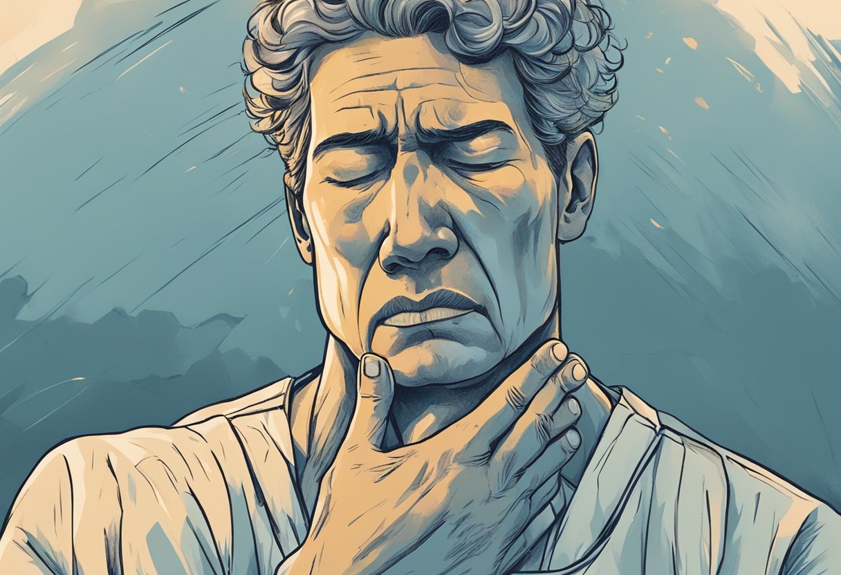 A person clutching their chest in pain, with a distressed expression. Sweat beads on their forehead as they struggle to breathe