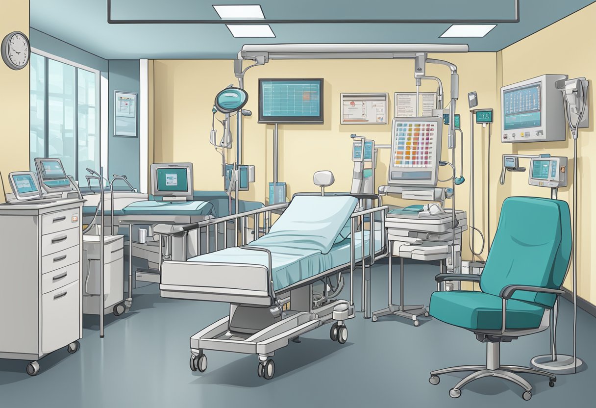 A hospital room with medical equipment and charts showing congestive heart failure statistics