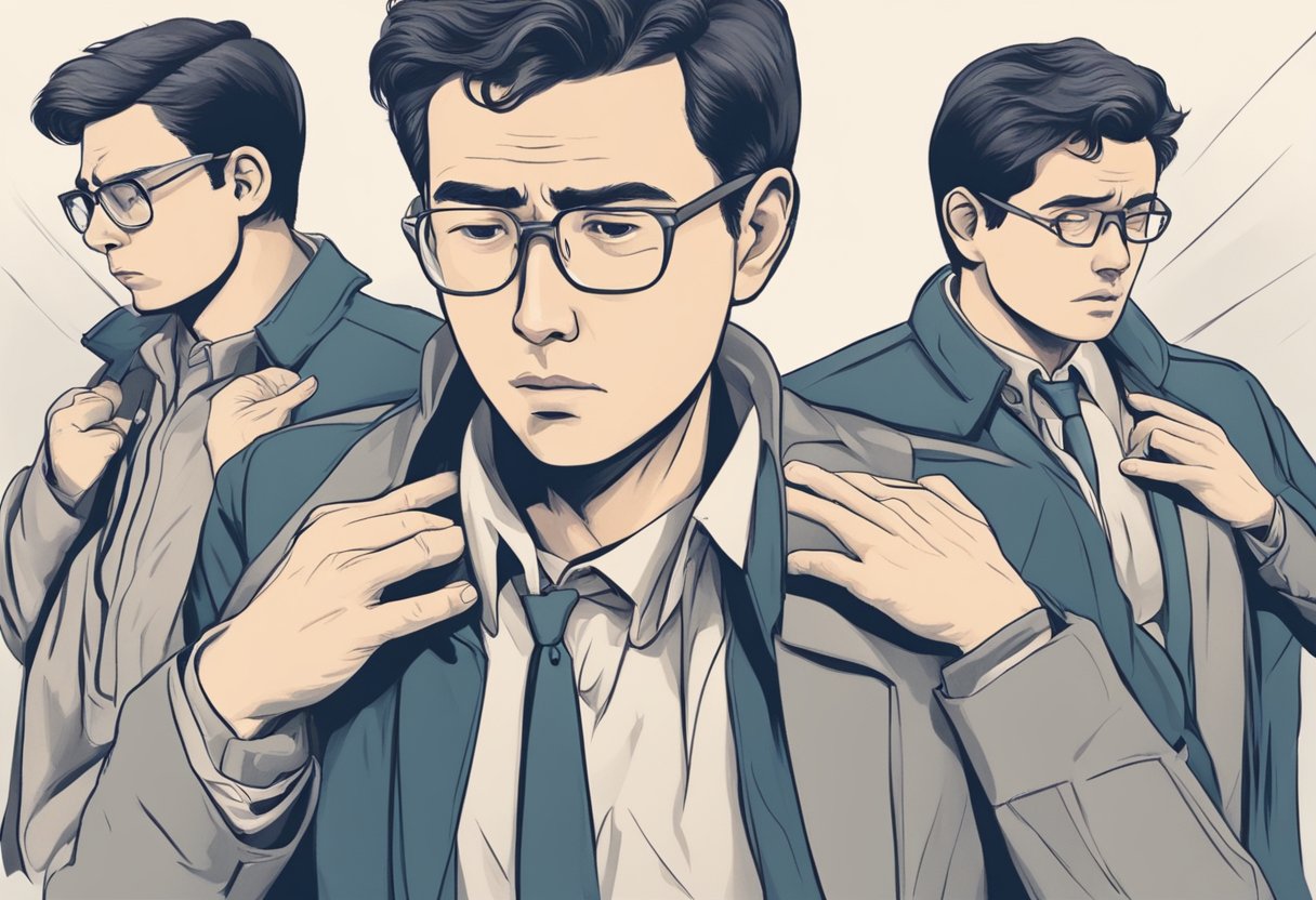 A person feels their heart racing, hand on chest, worried expression