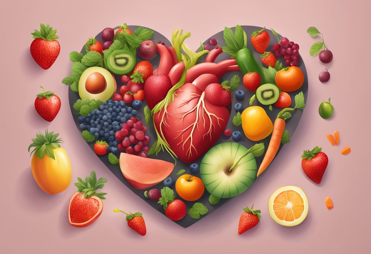 A heart with a red, clogged artery next to a healthy, clear artery, surrounded by fruits, vegetables, and a person exercising