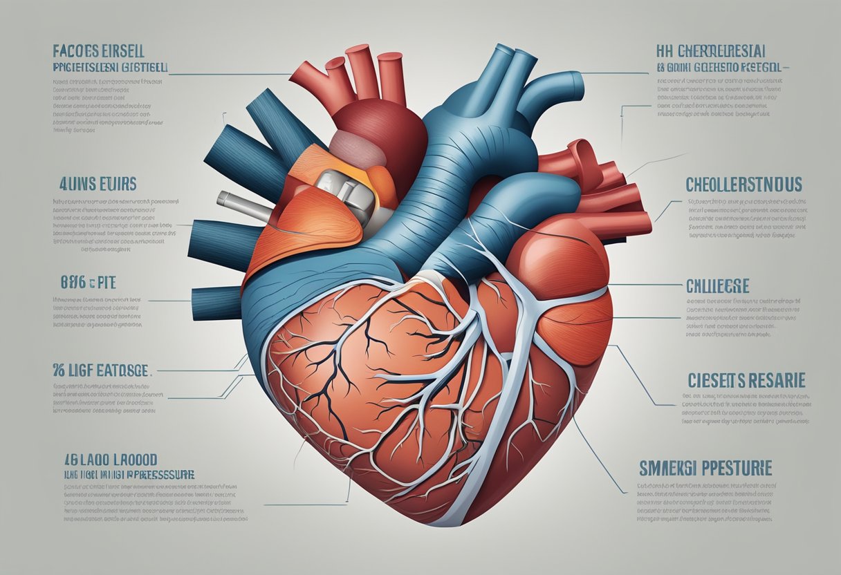 A heart surrounded by factors like smoking, high cholesterol, and high blood pressure