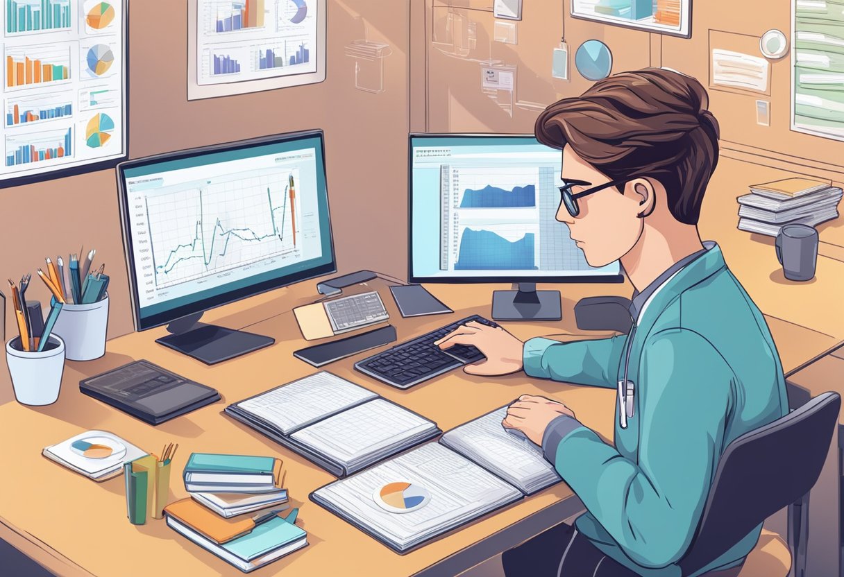 A person sitting at a desk with a computer, surrounded by medical textbooks and charts, researching the causes and management of heart palpitations
