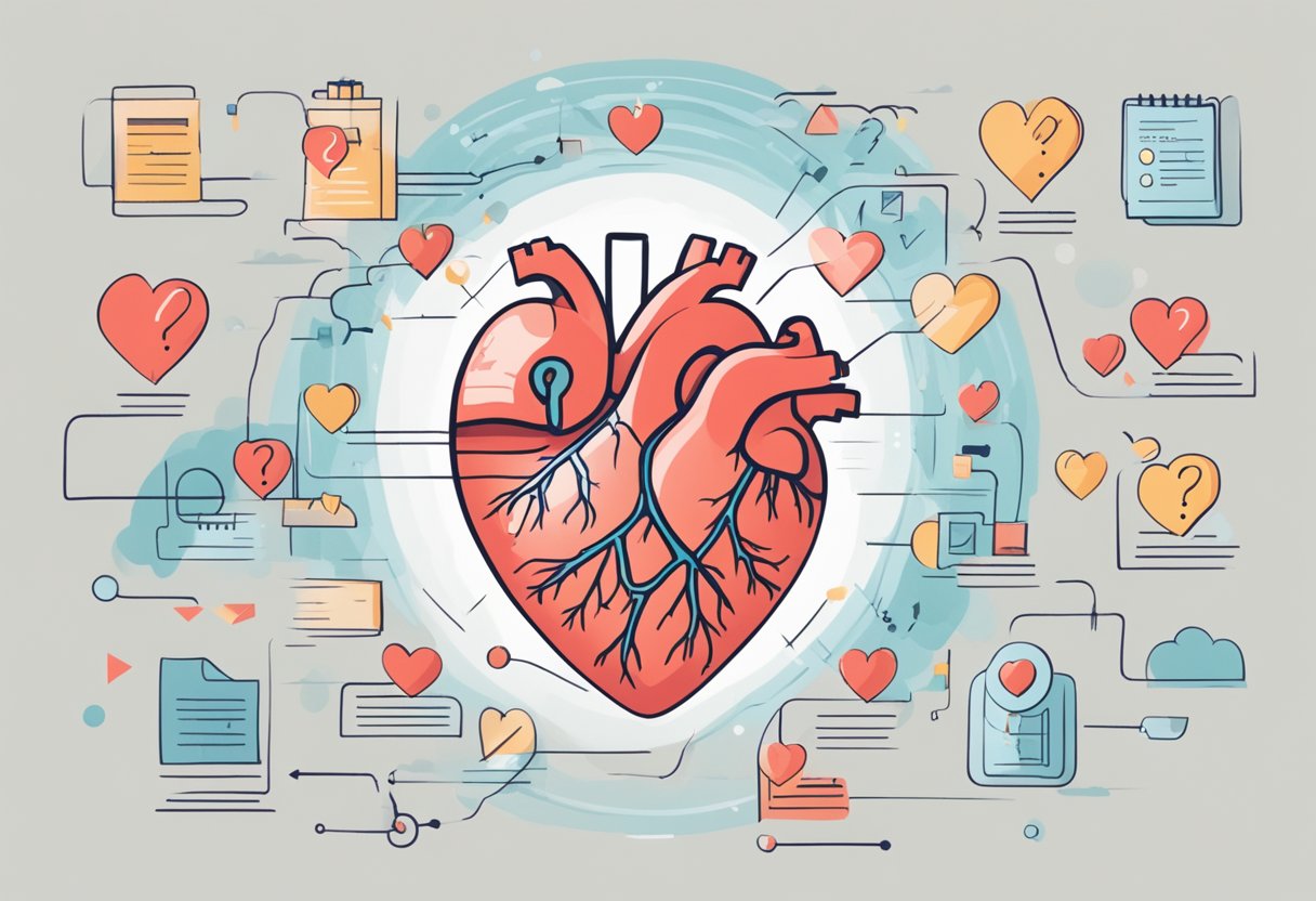 A heart with a question mark above it, surrounded by floating text of common heart problem symptoms