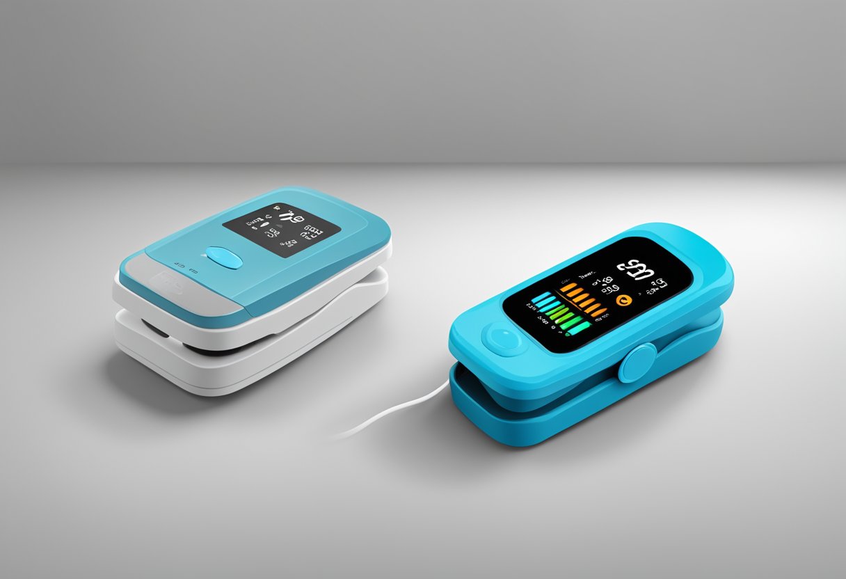 A pulse oximeter attached to a finger, displaying a pulse rate and heart rate monitor next to it