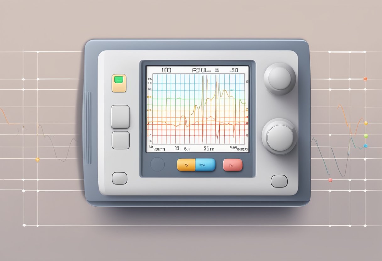 A fetal heart rate monitor displays a steady, rhythmic pattern within the normal range