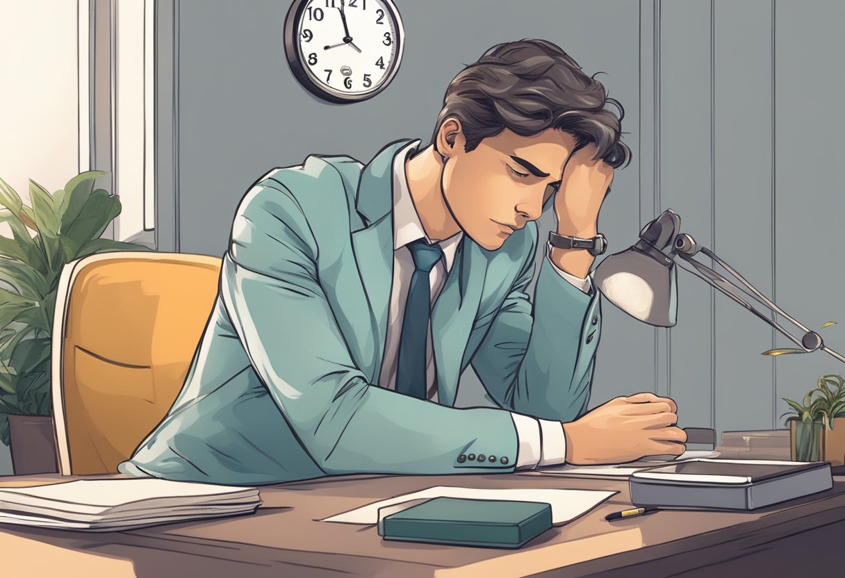 A person sitting at a desk, looking concerned, with a hand placed over their heart, while glancing at a clock on the wall