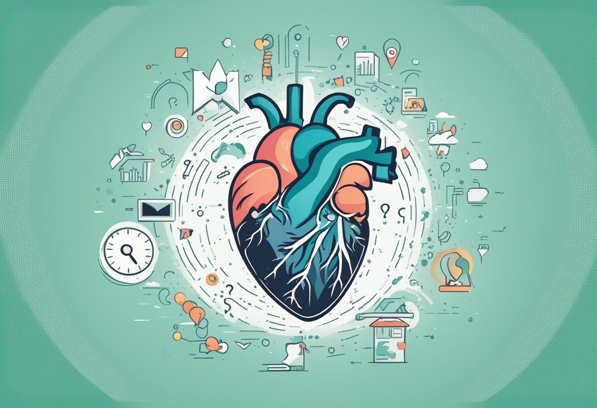 A heart with a question mark hovering above it. Surrounding text reads "Frequently Asked Questions heart problems."