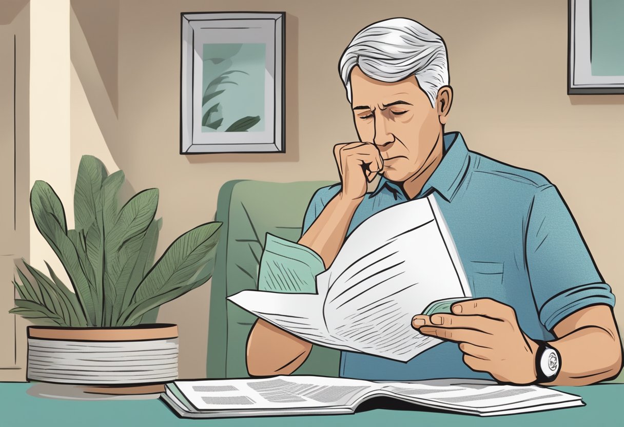 A person reading a pamphlet titled "Frequently Asked Questions: lifestyle changes after heart attack" with a concerned expression