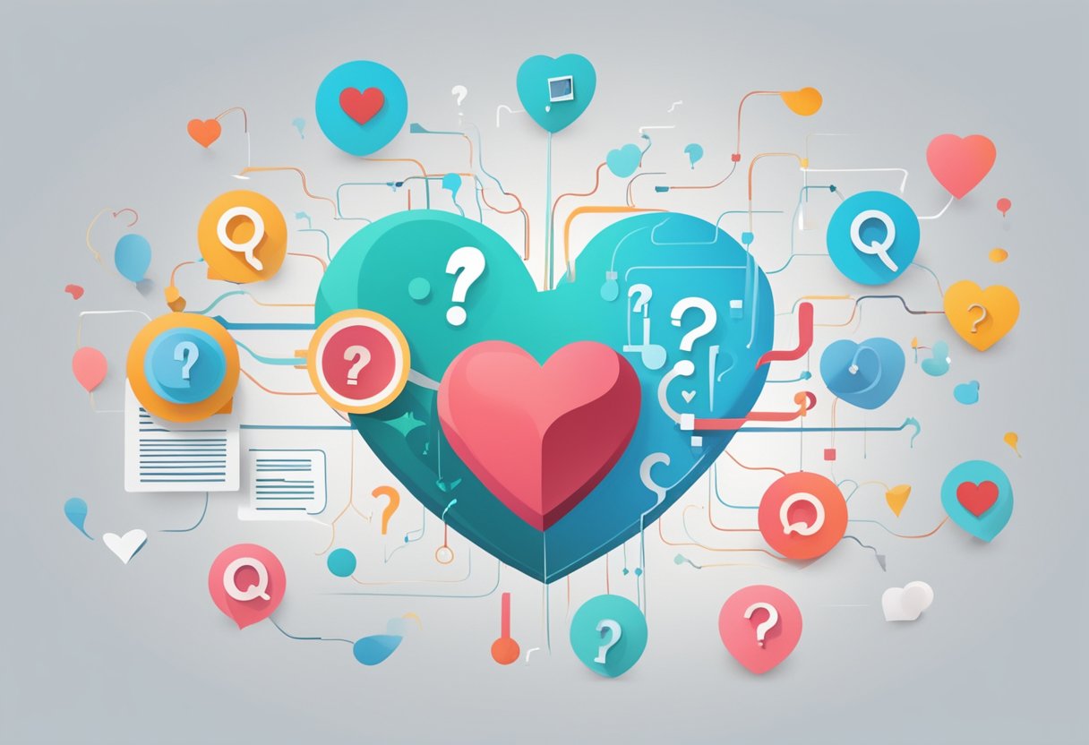 A heart with irregular beats, surrounded by question marks and a search bar