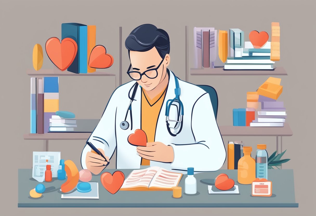 A doctor examines a heart model, prescribes medication, and advises exercise
