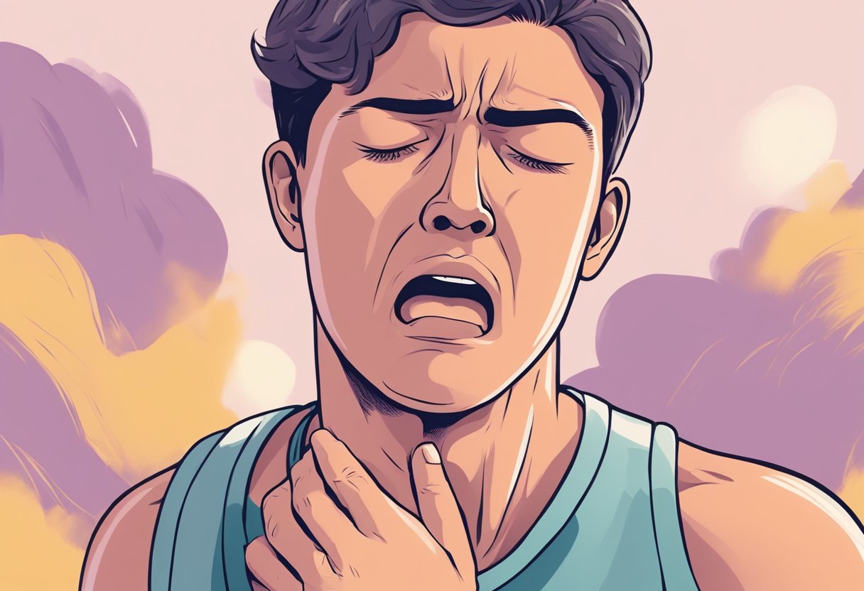 A person clutching their chest in pain, sweating, and struggling to breathe, with a worried expression on their face