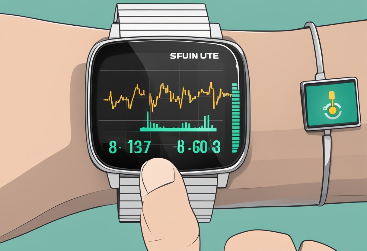 A heart rate monitor displays a pulsing line graph on a digital screen, with a hand holding the device