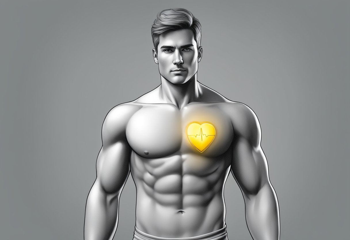 A male figure standing still, with a calm and steady heartbeat visible in a heart rate monitor