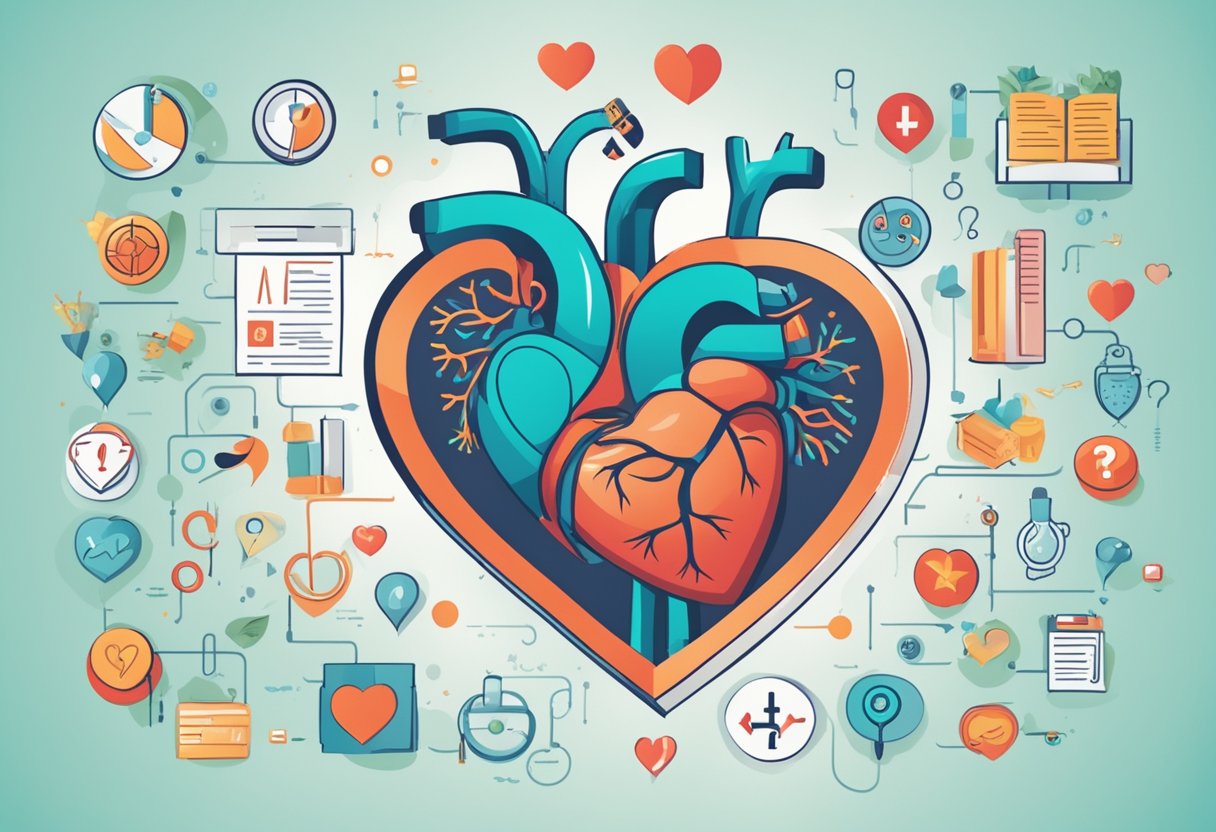 A heart with a question mark hovering above it, surrounded by medical symbols and text "Frequently Asked Questions coronary heart disease causes."