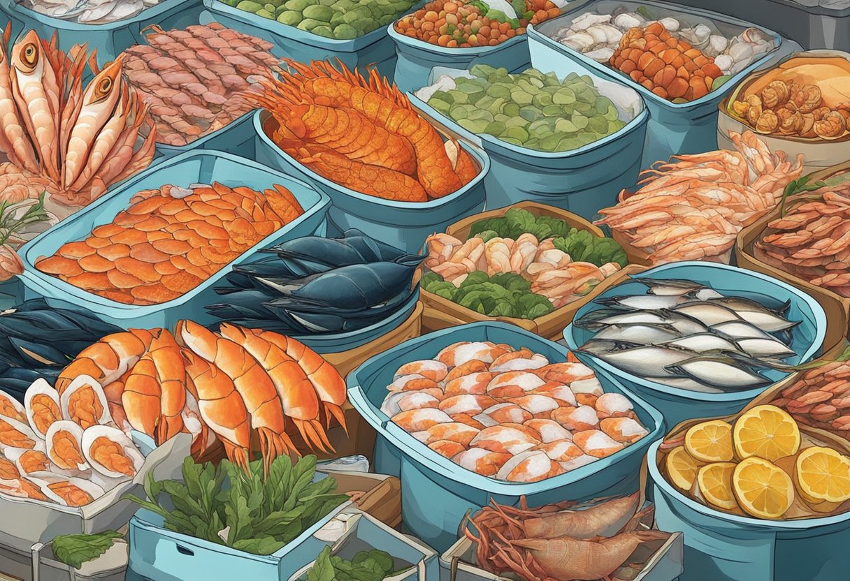 A colorful array of fresh seafood displayed on ice at a bustling market in Punggol, Singapore. The vibrant hues of fish, crabs, and shellfish create an enticing scene for an illustrator to recreate