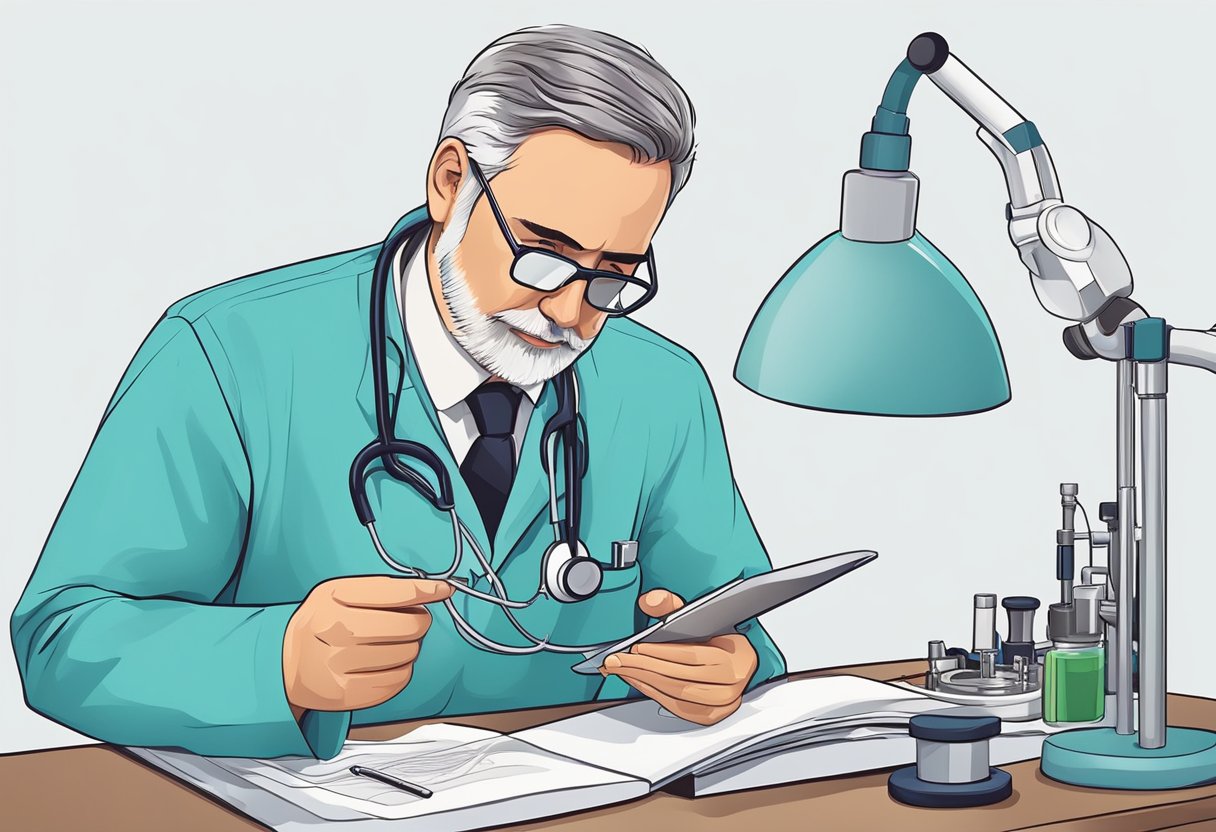 A doctor examines a heart valve with a stethoscope. They review test results and discuss treatment options with the patient