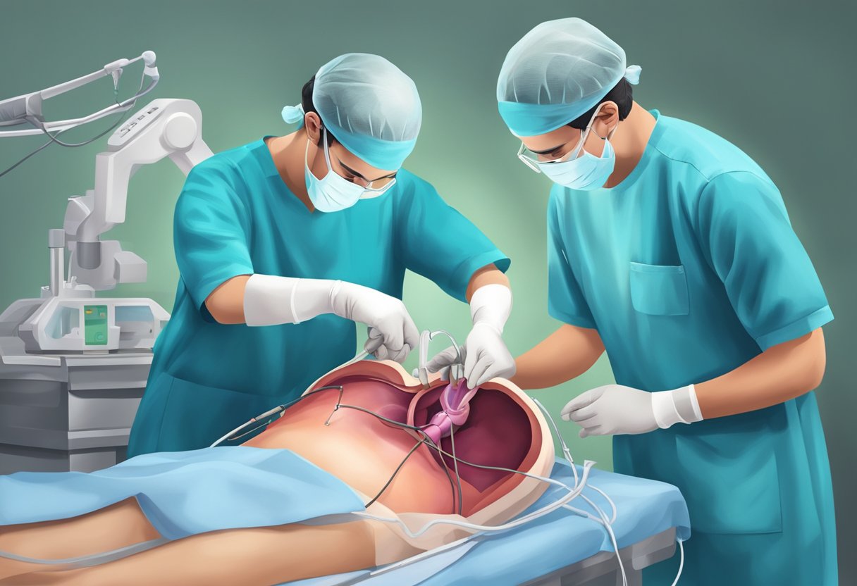 A surgeon carefully places a healthy heart into a patient's chest cavity during a transplant surgery