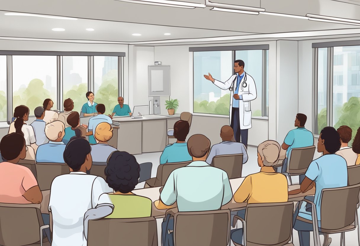 A doctor explains valvular heart disease to a group of attentive patients in a hospital conference room