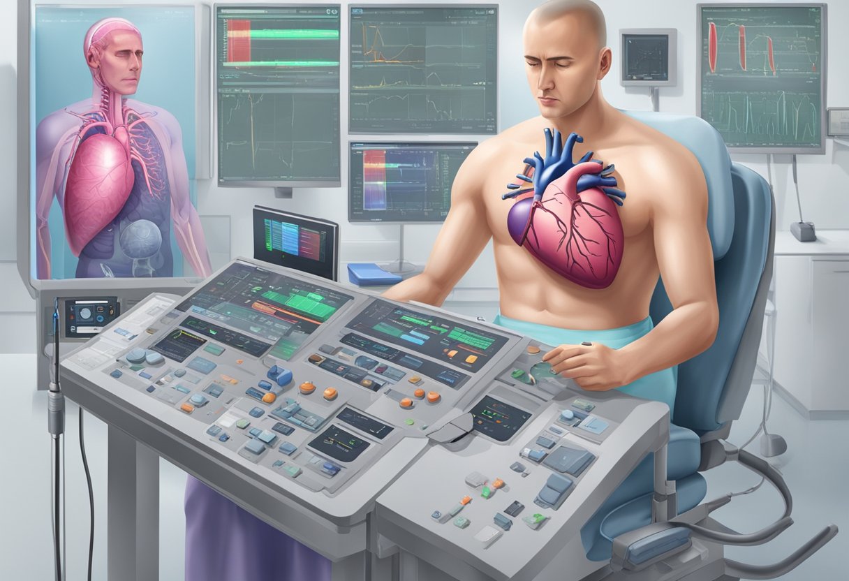 A heart transplant recipient's body rejecting the new organ, shown through cellular activity and medical monitoring equipment