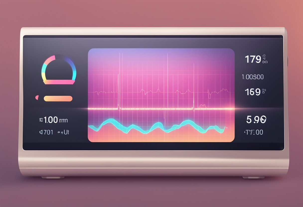 A heart rate monitor displays a steady, slow pulse. A calm, serene setting with soft lighting and a peaceful atmosphere