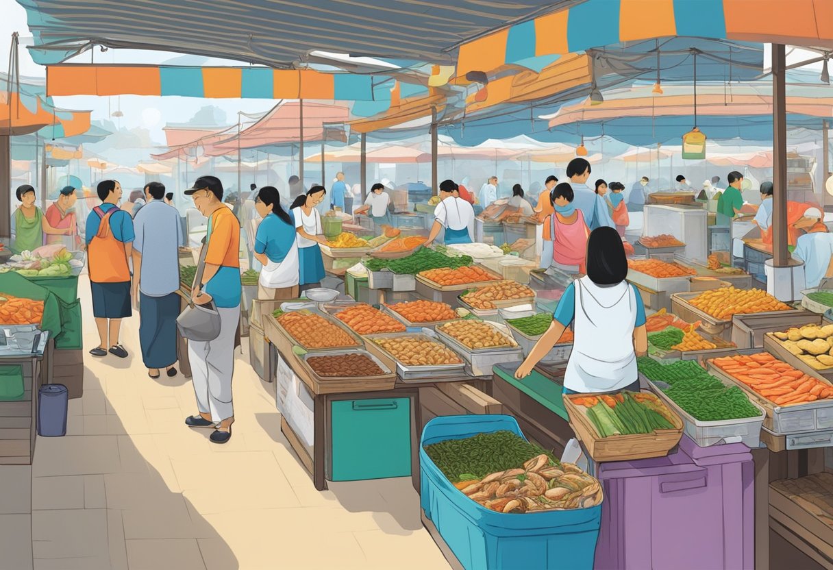 The bustling Punggol seafood market showcases a colorful array of fresh catches and local delicacies, with vendors and customers mingling in the lively atmosphere