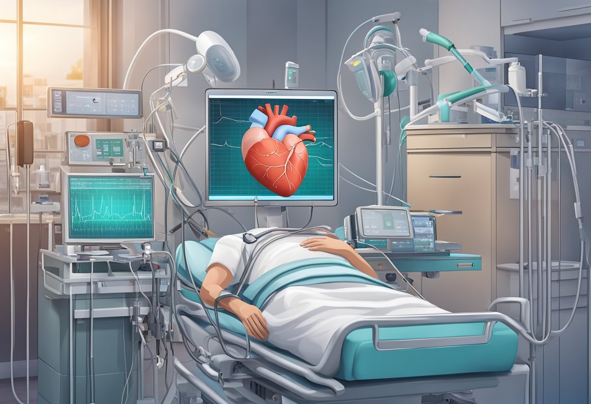 A healthy heart beats inside a patient's chest, surrounded by medical equipment and monitoring devices. Nurses and doctors provide post-transplant care, ensuring the patient's well-being