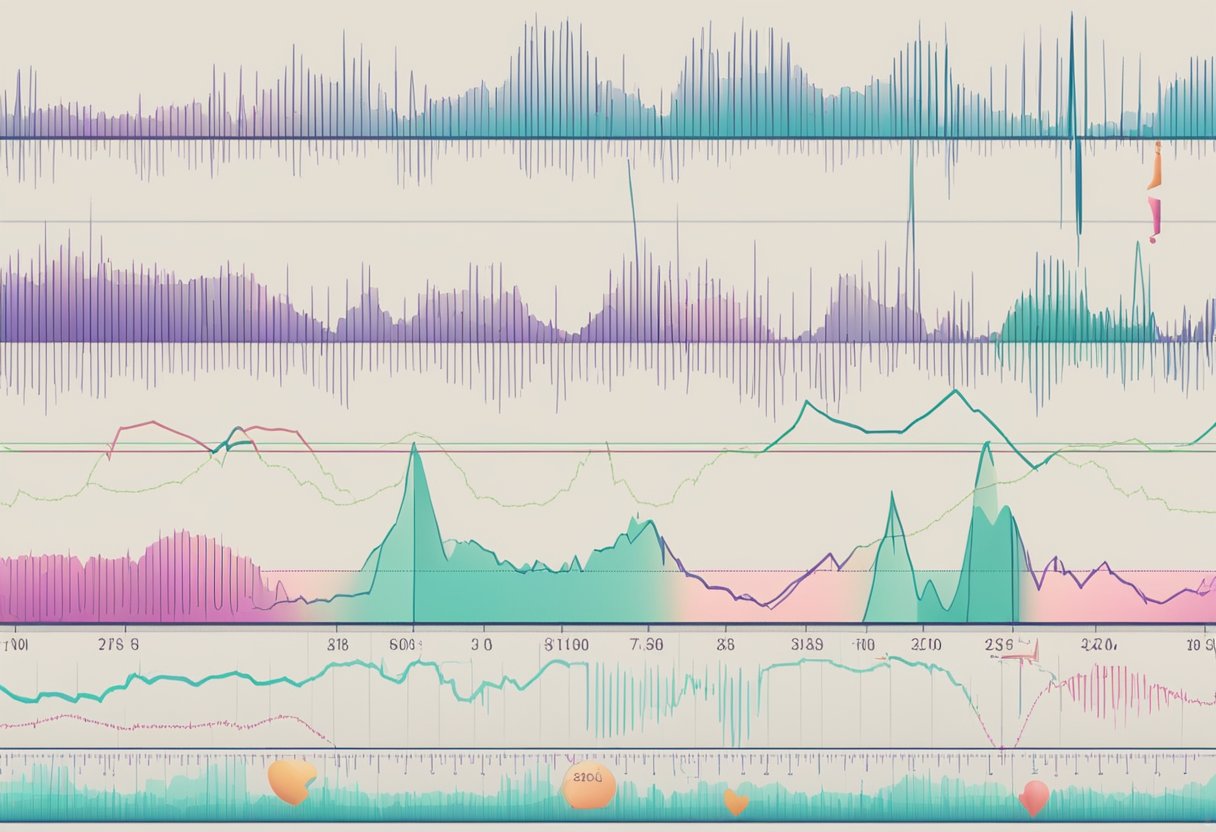A heart monitor displays fluctuating heart rate and blood pressure readings