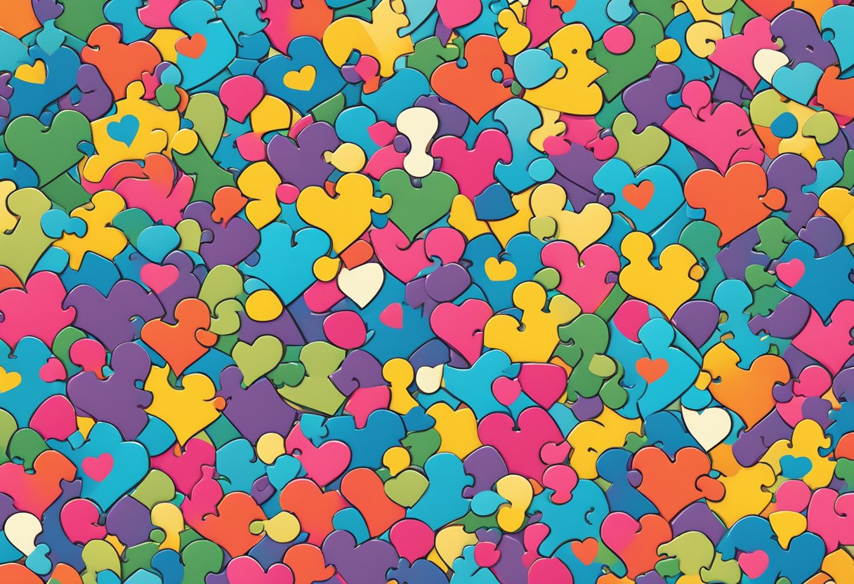 A heart-shaped puzzle surrounded by question marks