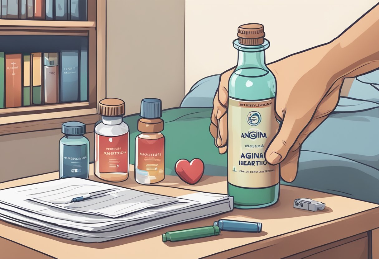 A hand reaching for a bottle labeled "Angina Heart Medication" on a bedside table