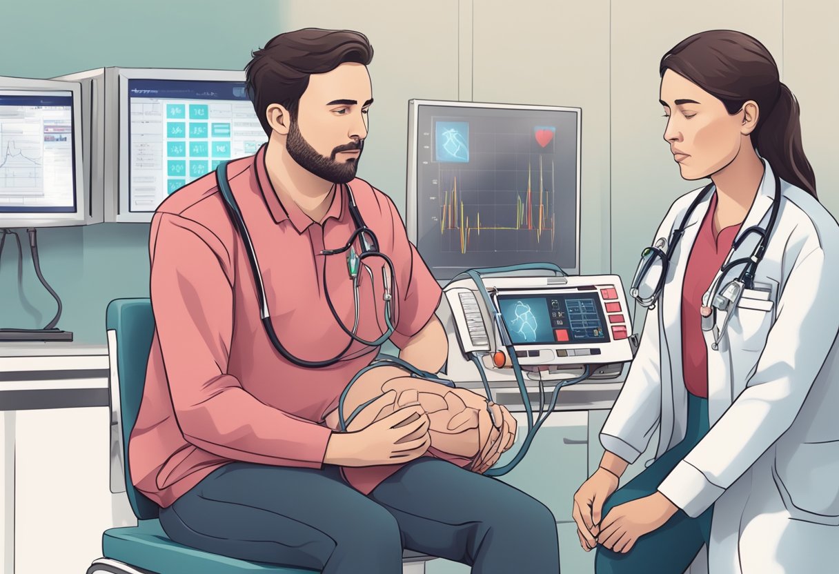 A person experiencing a STEMI heart attack being quickly treated by medical professionals, with an AED and oxygen nearby, surrounded by a sense of urgency and focus