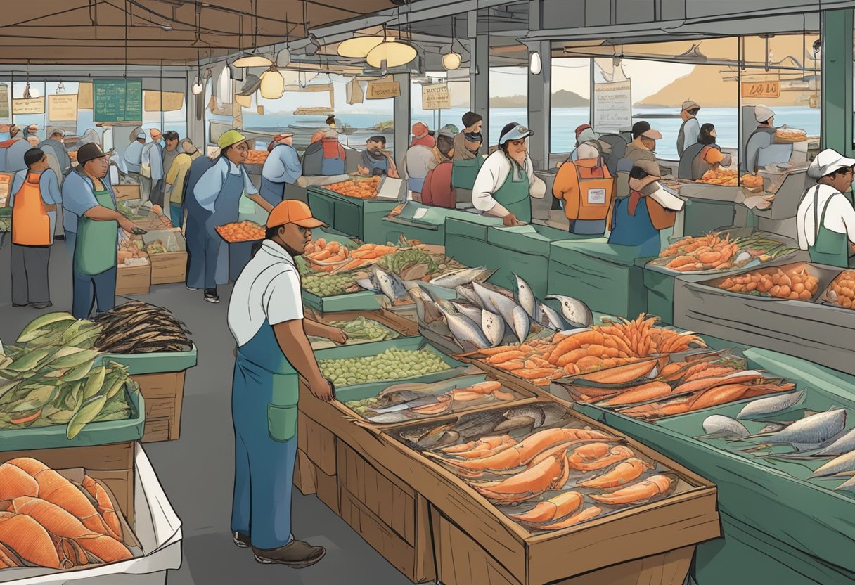 A bustling seafood market in Seattle showcases a wide array of fresh seafood varieties and specialties, with vendors proudly displaying their catches of the day