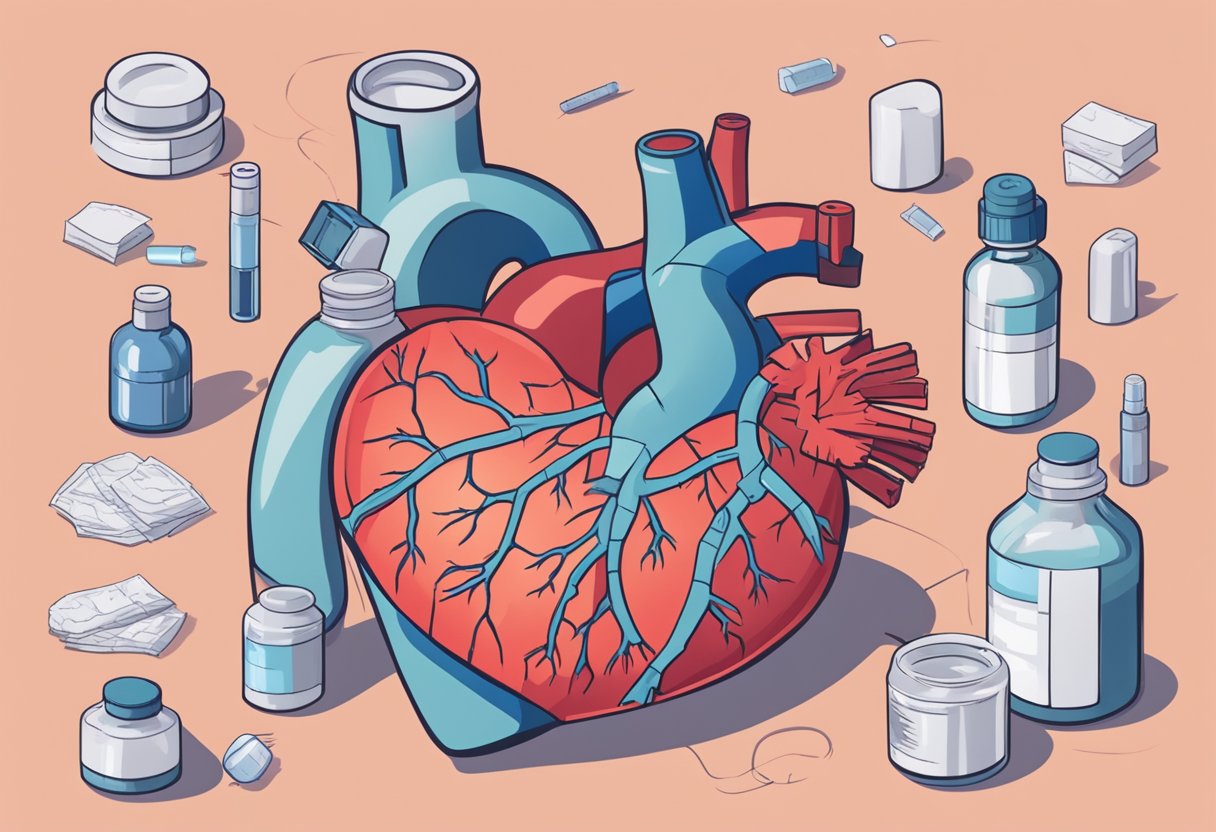 A heart with a jagged crack running through it, surrounded by a bottle of medication and a diagram of blocked arteries