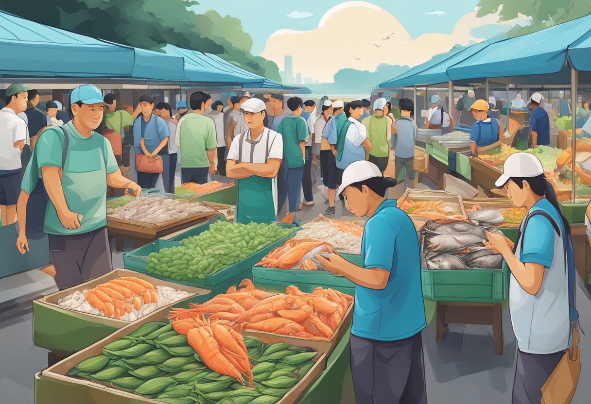 A bustling seafood market in Punggol, Singapore with customers asking questions and vendors showcasing their fresh catches