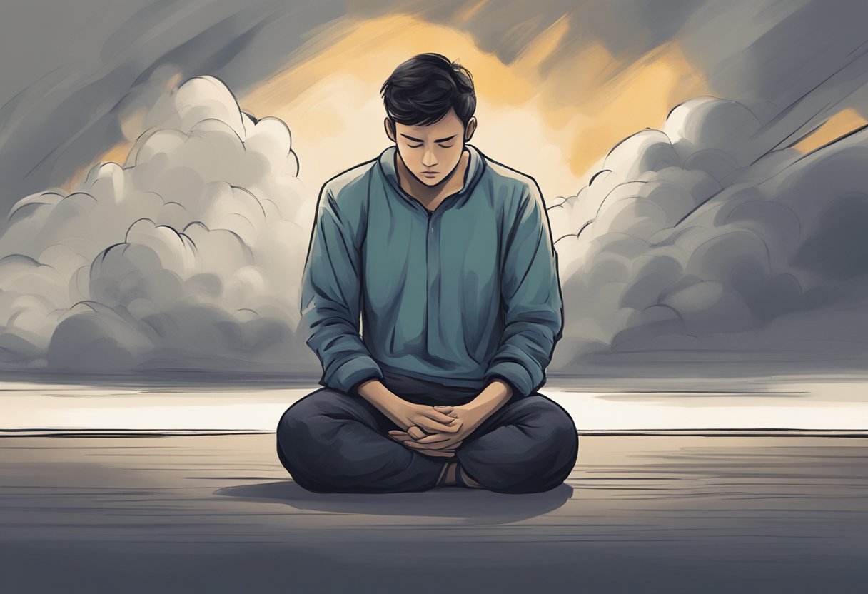 A person sits, clutching their chest with a pained expression. Their surroundings are blurred, and a dark cloud looms overhead, symbolizing anxiety