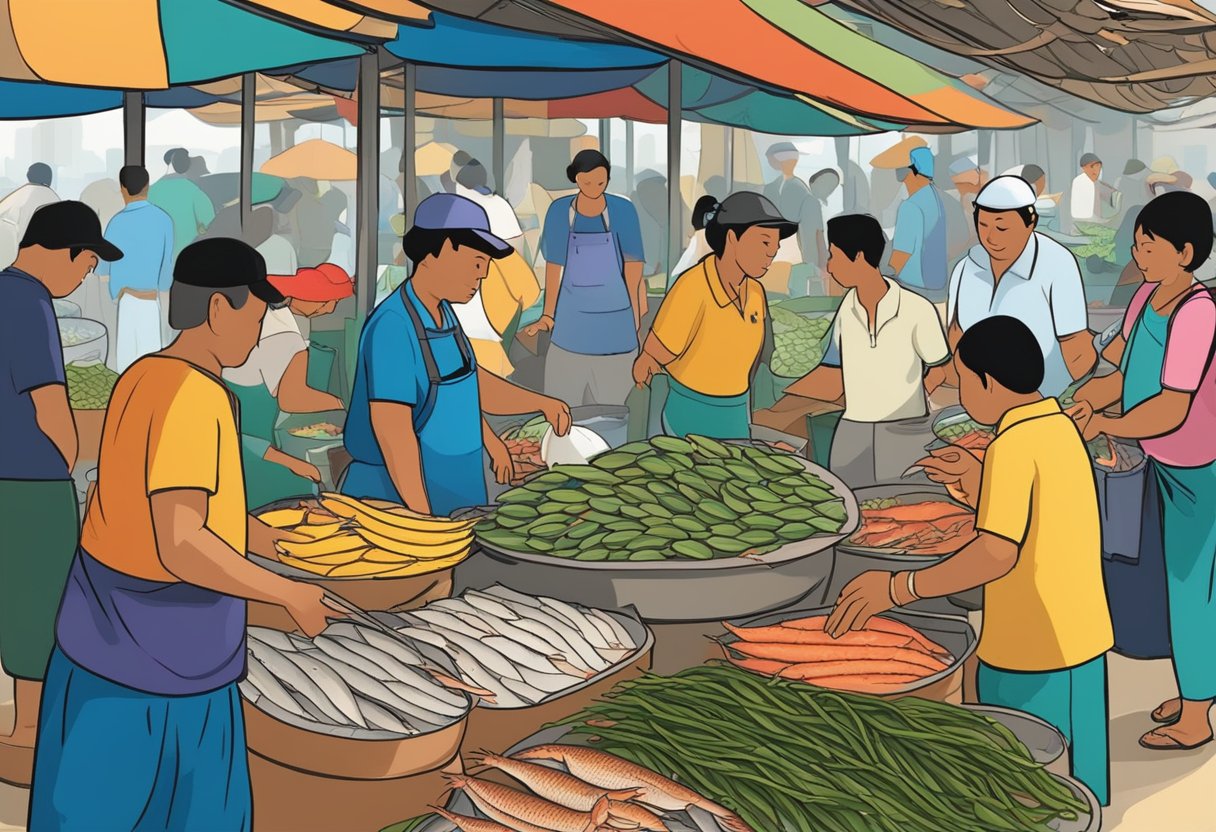A bustling seafood market in Phnom Penh, with vendors selling fresh catches from the sea. Colorful displays of fish, crabs, and shellfish line the stalls, while customers haggle and inspect the day's offerings