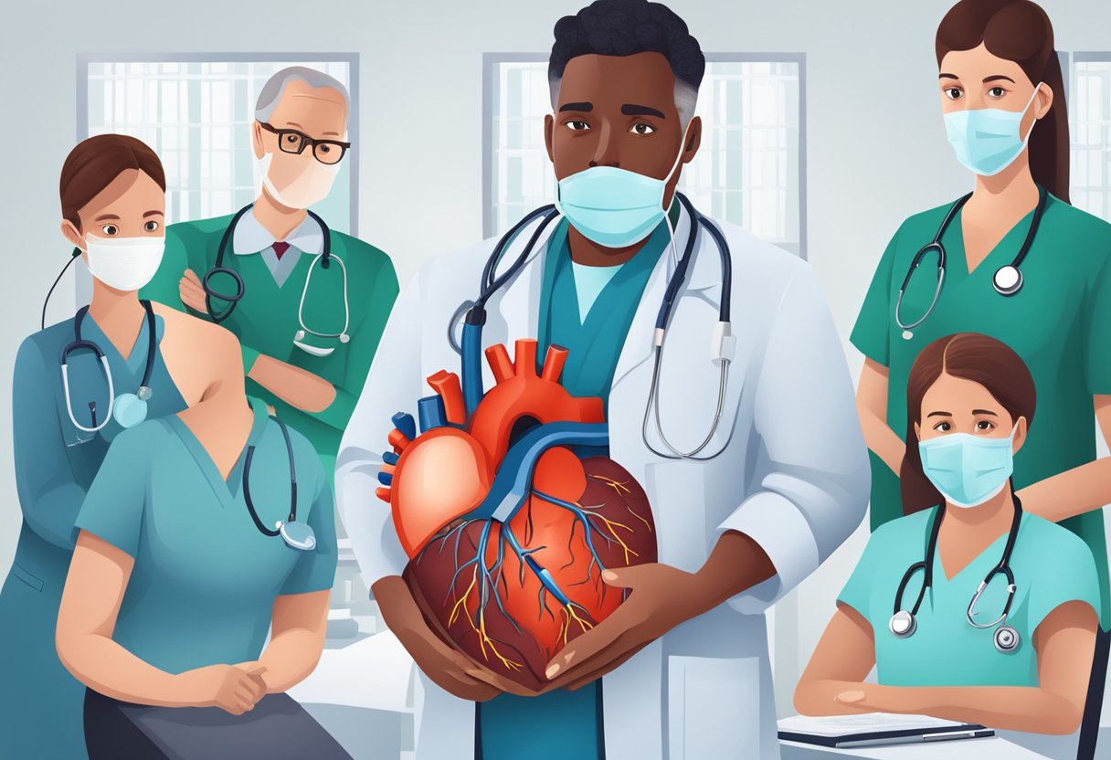 A heart with blocked arteries, surrounded by medical equipment and a team of healthcare professionals