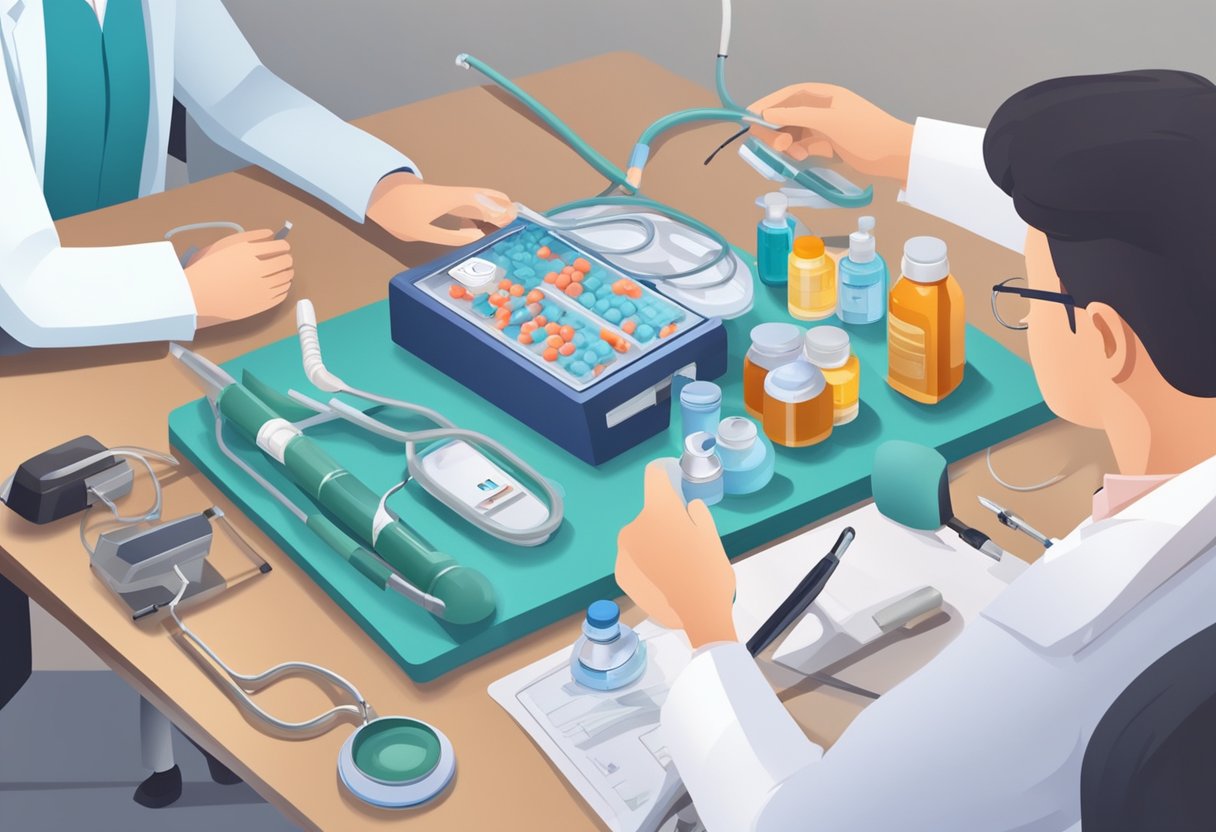 A doctor administers heart medication to a patient with angina. Medical tools and equipment are arranged on a table nearby