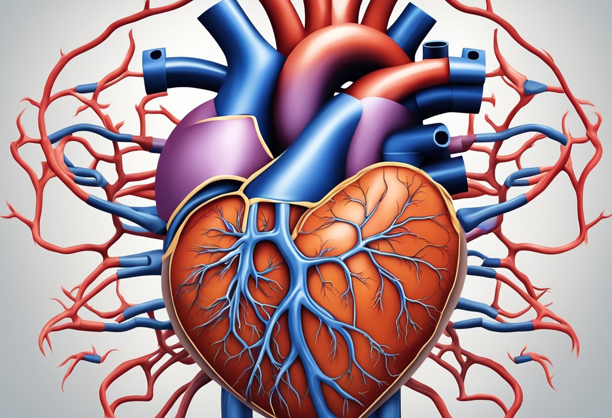 A heart surrounded by constricted blood vessels, with a plaque buildup causing blockage. High blood pressure evident in the arteries