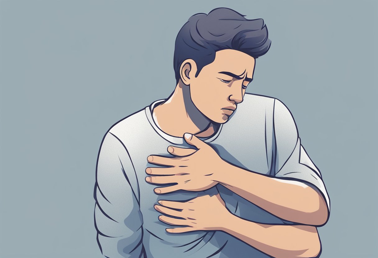 A person clutching their chest in distress, with a worried expression on their face, while trying to differentiate between anxiety-induced and cardiac chest pain