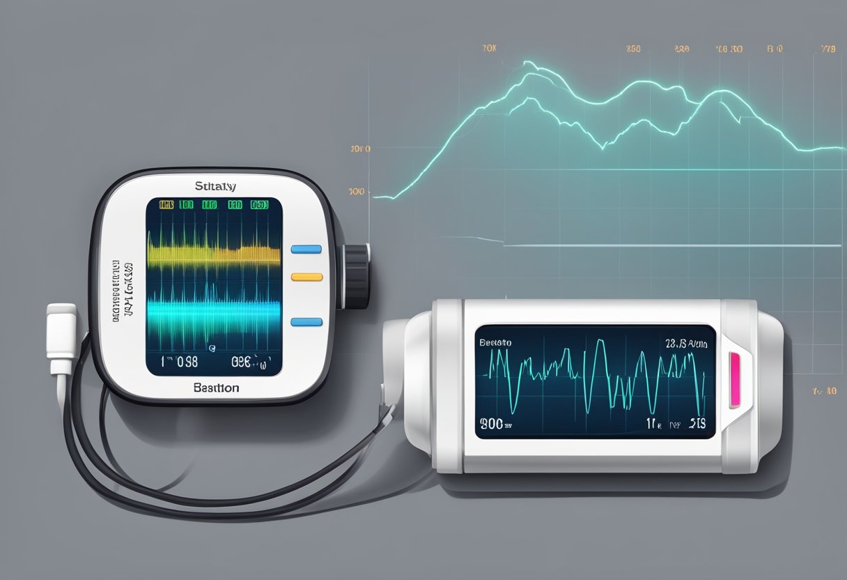 A heart rate monitor displays a steady pulse and blood pressure cuff shows normal readings