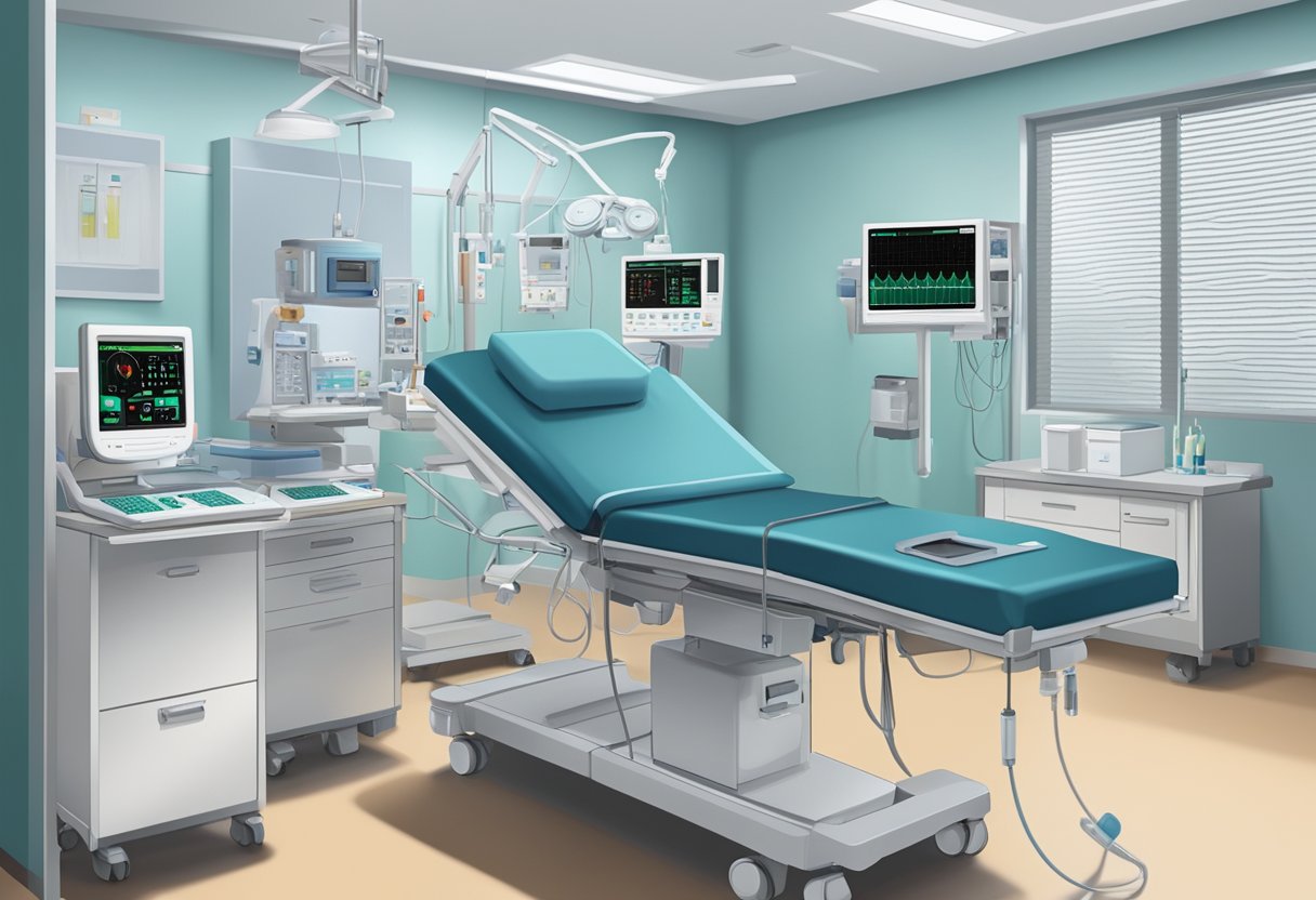 A hospital room with medical equipment, EKG monitor showing ST elevation, and a medical team performing life-saving interventions for a STEMI heart attack patient