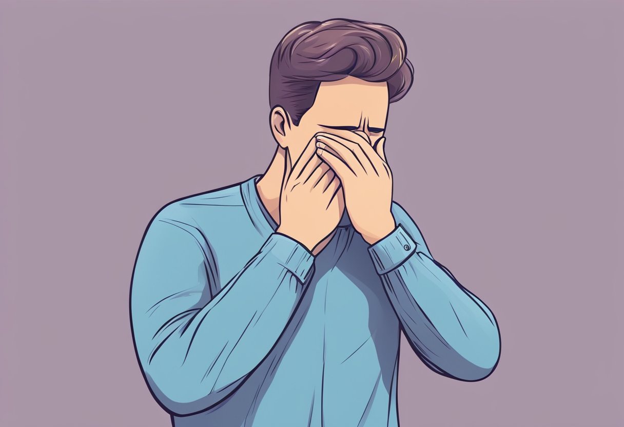 Anxiety causes heart pain. Illustrate a person feeling anxious with a hand on their chest, depicting the physical discomfort