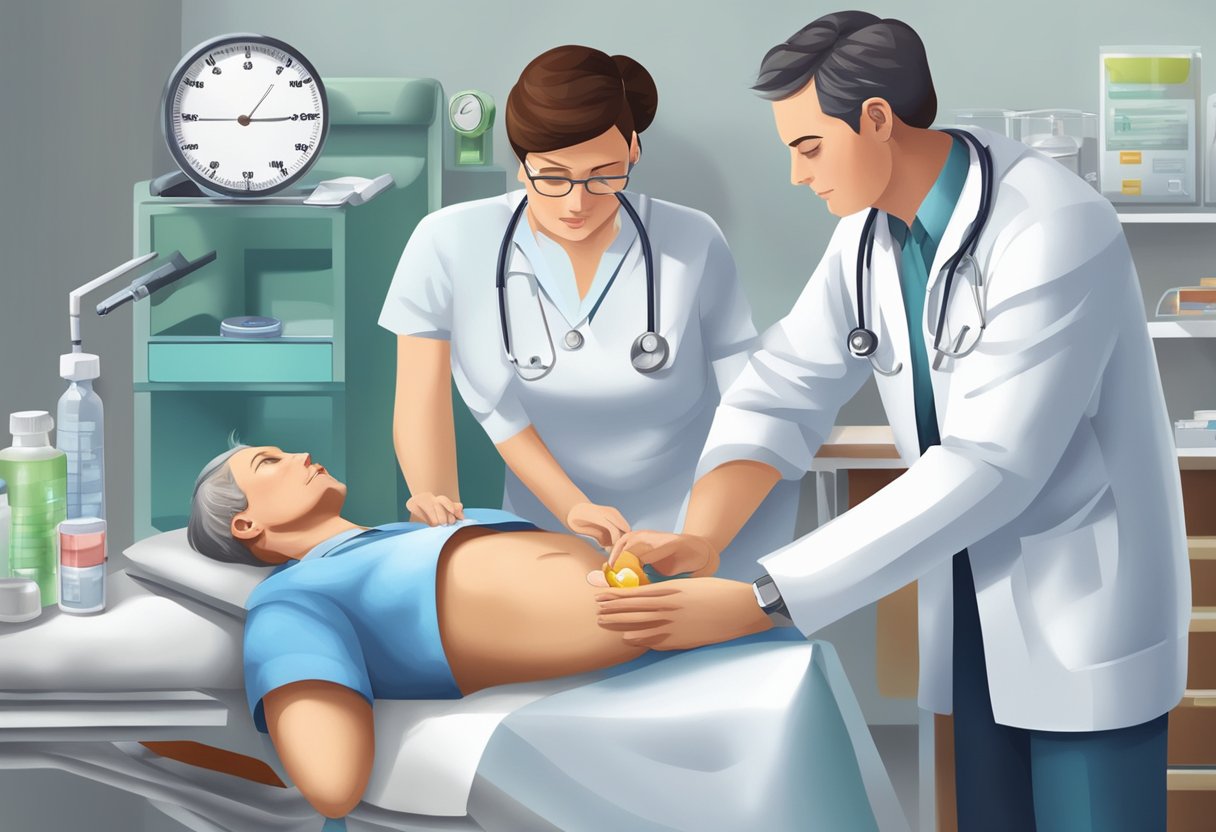 A doctor carefully administers medication to treat a heart virus, while a nurse monitors the patient's vital signs