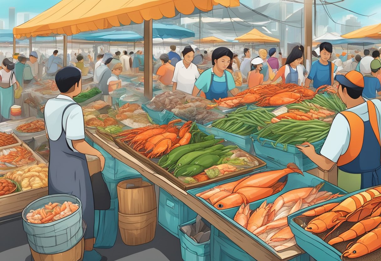 Vibrant seafood market in Singapore with colorful displays of fresh fish, crabs, and lobsters, surrounded by bustling crowds and the scent of salty sea air