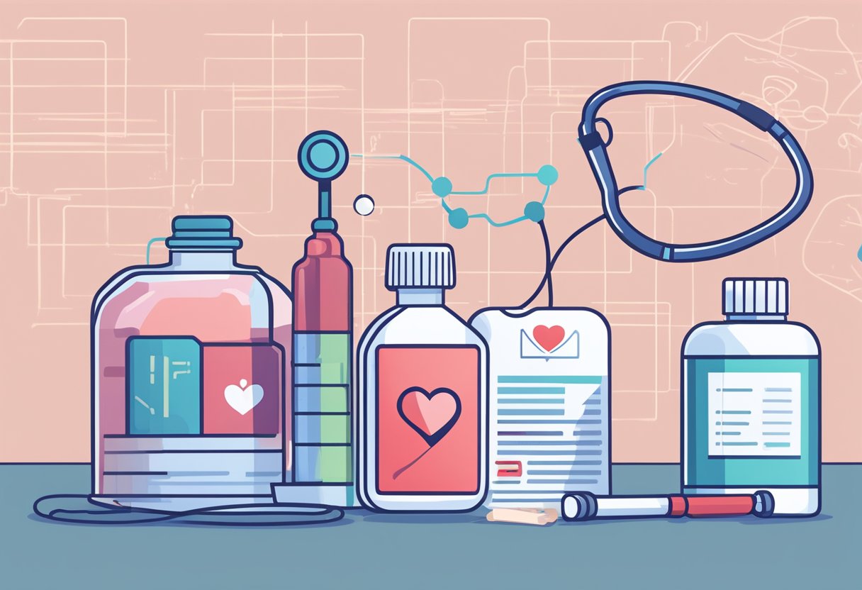 A bottle of angina heart medication sits next to a stack of FAQs, with a stethoscope and heart diagram in the background