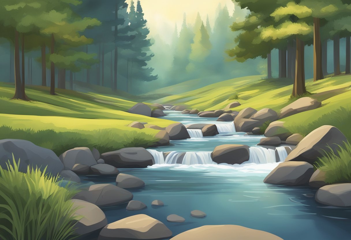 A calm, serene landscape with a gently flowing stream and a peaceful forest in the background, capturing the essence of a low resting heart rate