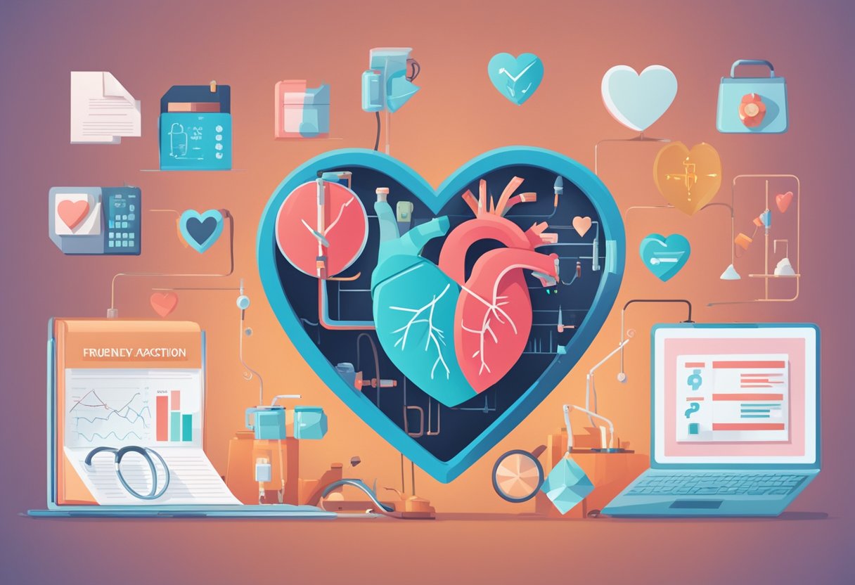 A heart with a "Frequently Asked Questions" banner, surrounded by medical equipment and survival statistics